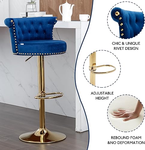 Miniatura 5 de Hihalo Juego de 2 taburetes de bar giratorios de terciopelo modernos, sillas de bar ajustables de altura de mostrador con respaldo, taburetes de bar