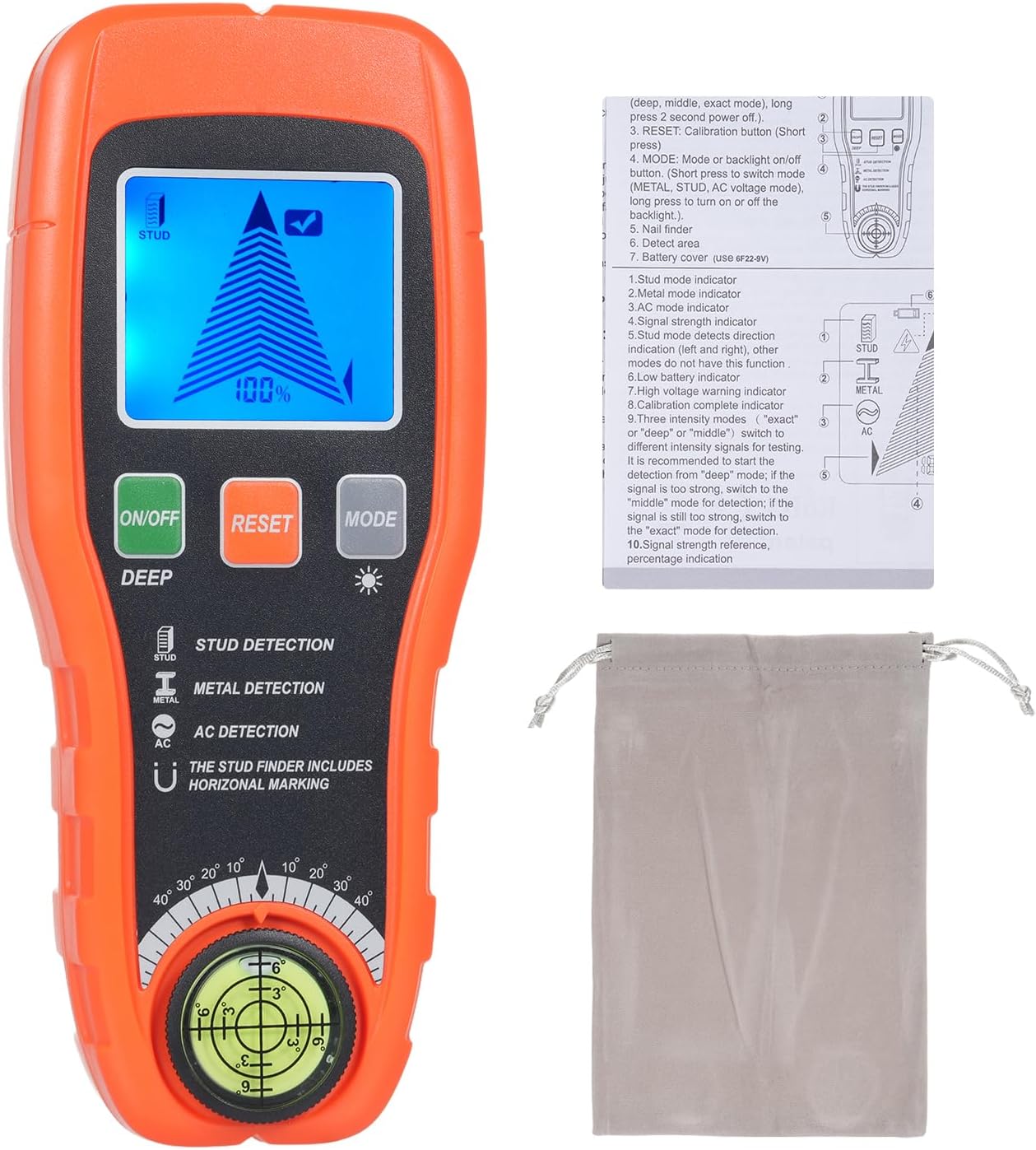 Stud Center Finder, Stud Finder Metal AC Live Wire Detector for Wood, Gypsum Board, Plastic Board with Bubble Level LCD Digital Display Orange