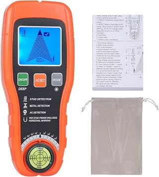 Stud Center Finder, Stud Finder Metal AC Live Wire Detector for Wood, Gypsum Board, Plastic Board with Bubble Level LCD Digital Display Orange