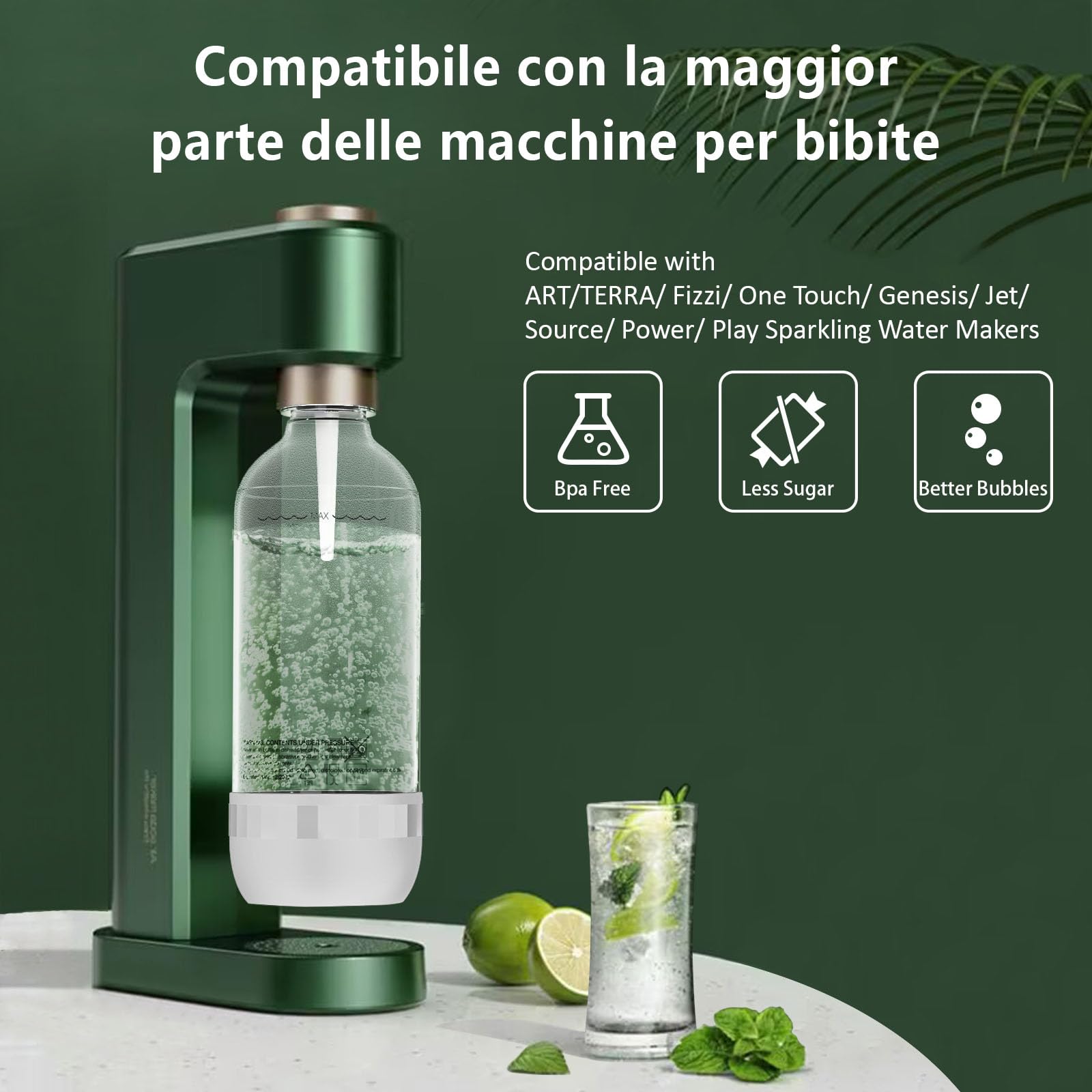 Bottiglia per soda, adatta per acqua gassata e acqua frizzante, senza BPA, riutilizzabile e riempita in plastica PET per uso alimentare (confezione da 2, 1 litro), Z-1B1L