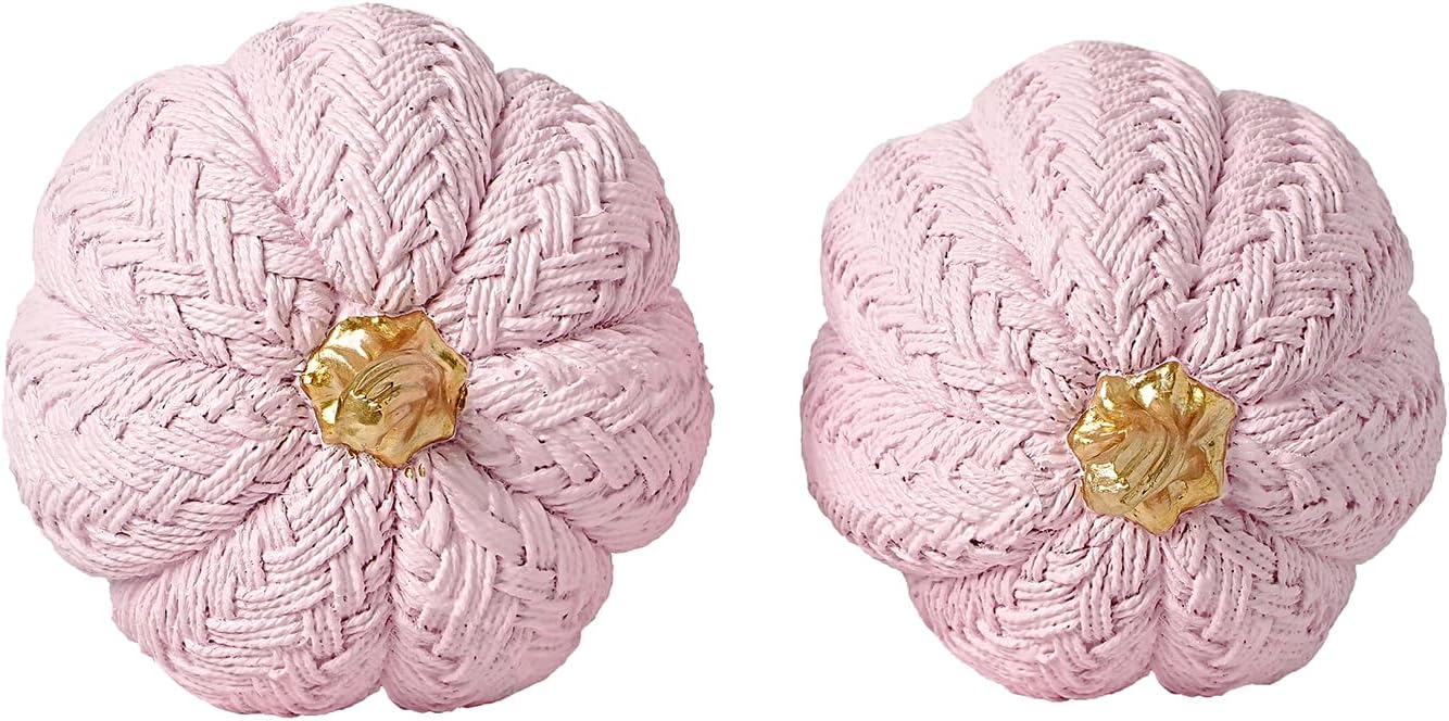 2pcs Pink Fall Pumpkins, Small Resin Braided Pumpkins Autumn Table Decor