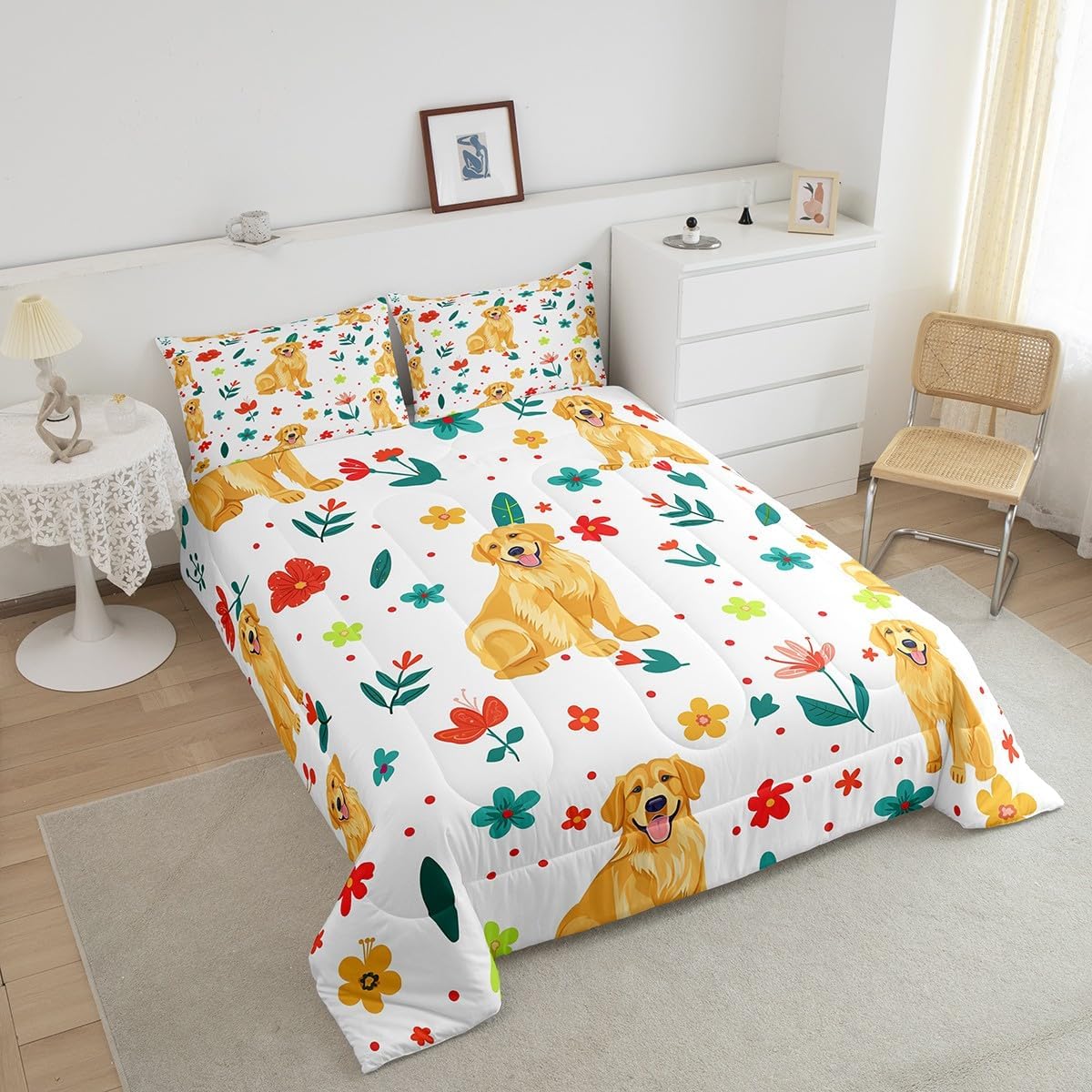 Erosebridal Kawaii Dog Comforter Set Twin Size for Girls Toddler Kids Colorful Flowers Botanical Leaf Bedding, Cute Golden Retriever Puppy Floral Print Comforter Cartoon Animal Quilt Duvet Set