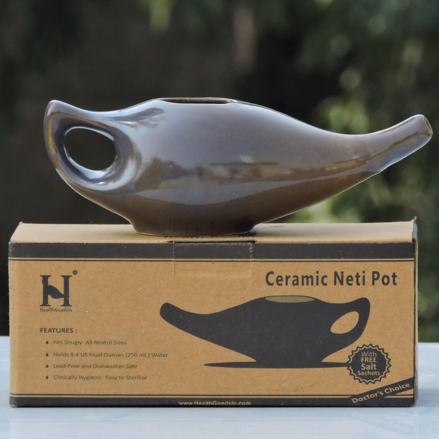 HealthGoodsIn Porcelain Ceramic Neti Pot for Nasal Cleansing with 10