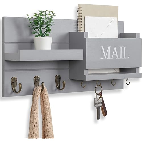 Mail Organizer for Wall Mount – Key Holder with Shelf Includes Letter Holder and Hooks for Hallway Farmhouse Decor – Rustic Wood with Flush Mounting Hardware (16.5” x 9.1” x 3.4”) (Gray)