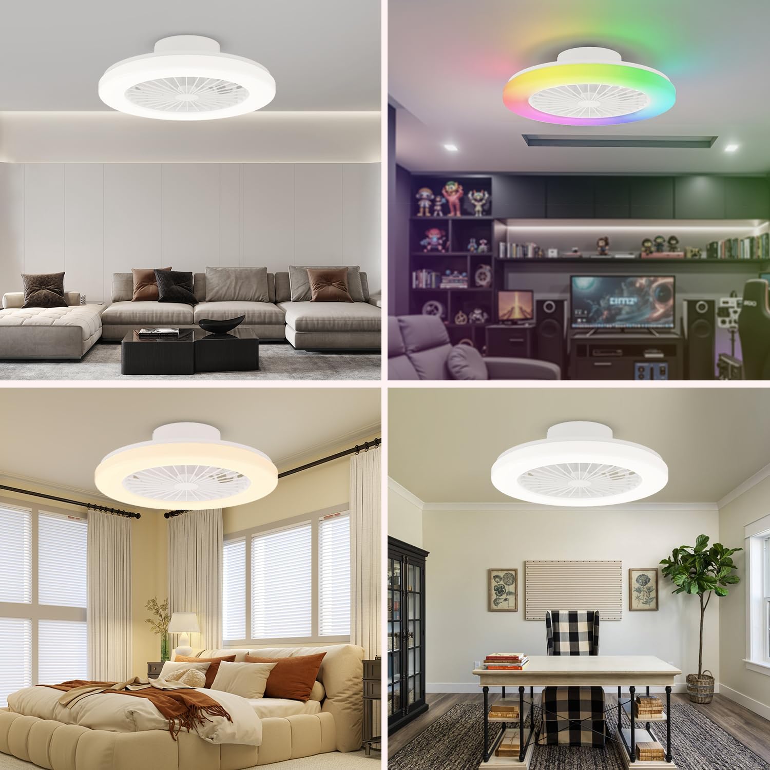RGB Ceiling Fan with Light, 23.6" Low Profile Ceiling Fan with Light, 6 Wind Speeds and Smart 3 Light Color Flush Mount Fan for Bedroom, Kids Room and Living Room