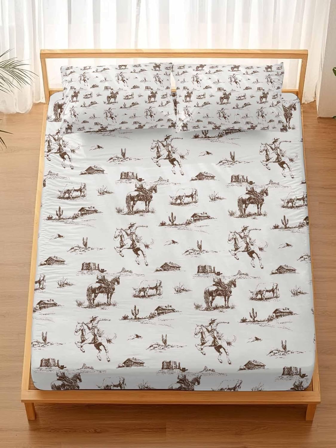 California King Fitted Sheet and Pillowcase Set, Brown Western Cowboy 3 Pieces Bedding Cal King Sheets Sets with Elastic Straps, Farmhouse Vintage Ethnic Art Deep Pocket Bed Sheets Up to 16"