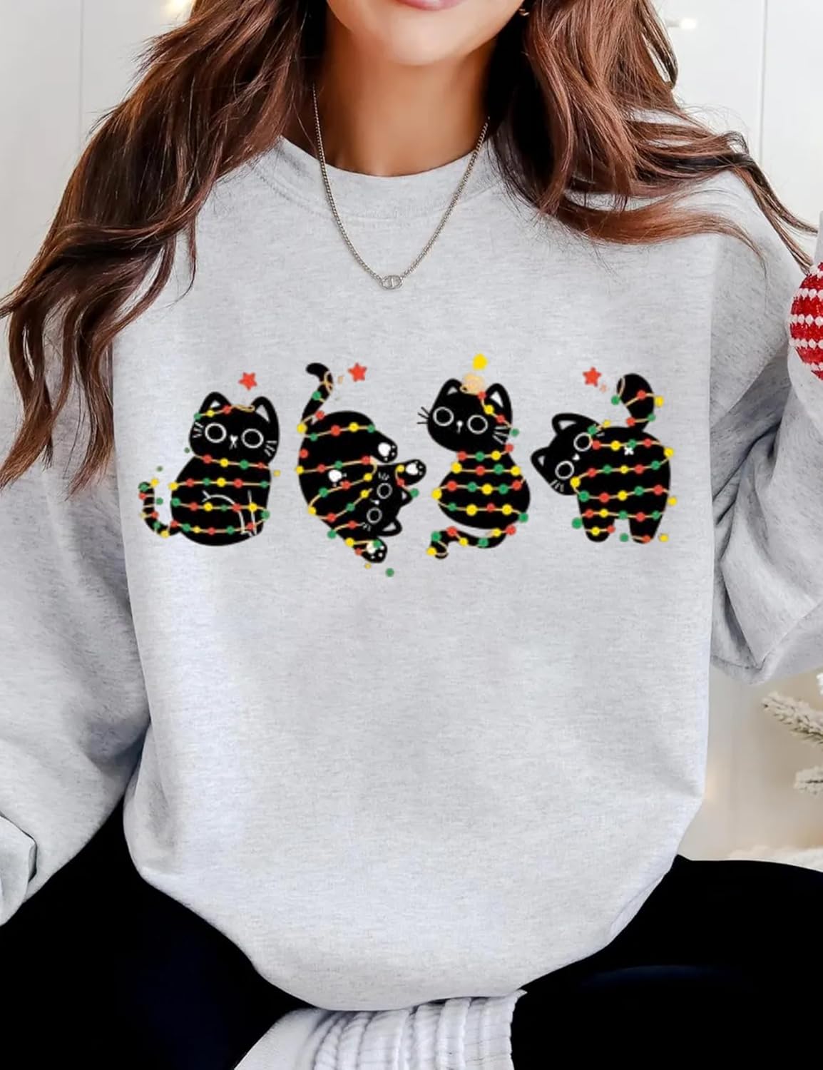 Yarayasa Women Christmas Cat Sweatshirt Holiday Pullover with Black Cats Christmas Tree Light Graphic Long Sleeve Xmas Top - Image 3