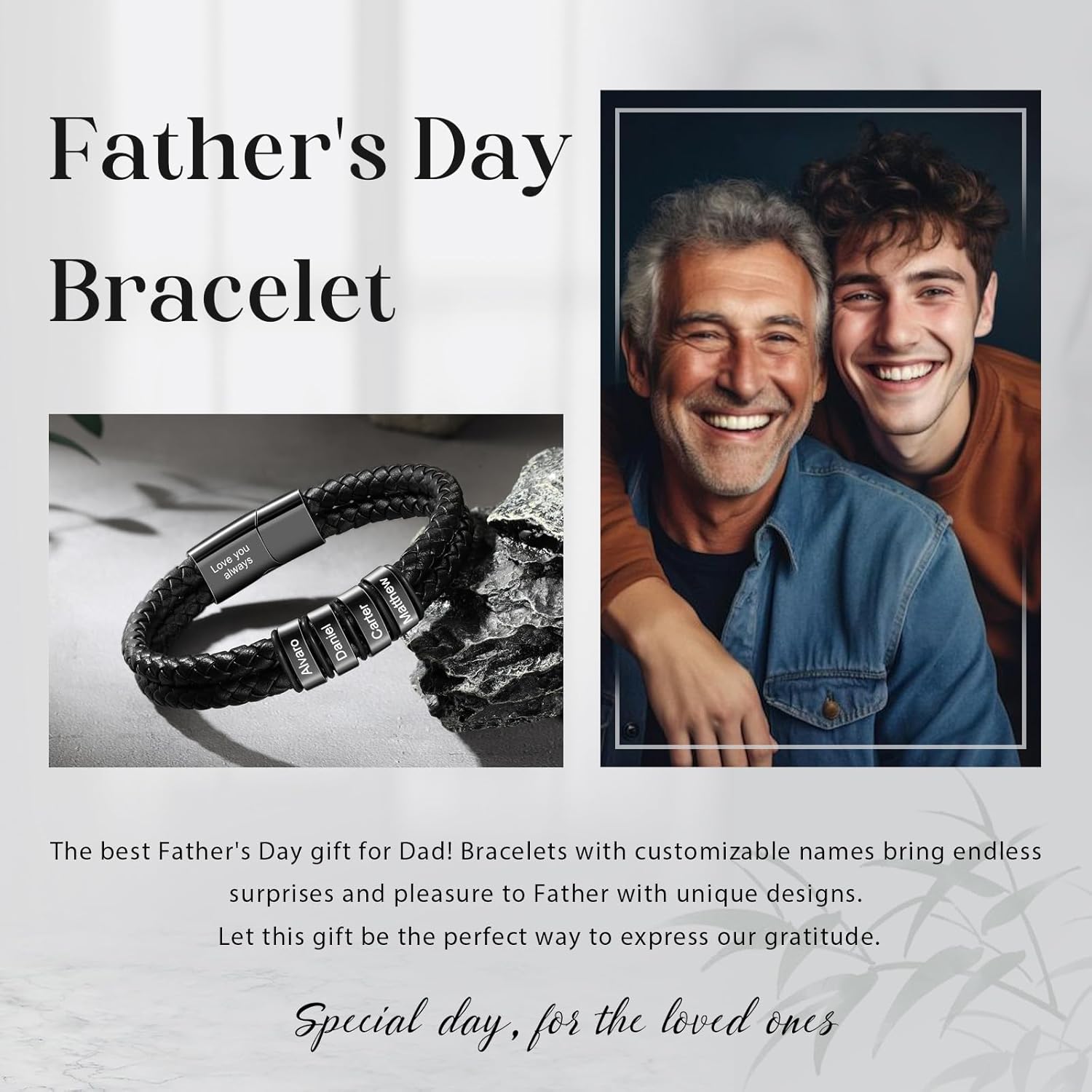 Personalized Bracelets for Men with 2-6 Names Custom Engraved Name Braided Leather Bracelet for Dad Boyfriend Grandpa Anniversary Birthday Christmas Gifts