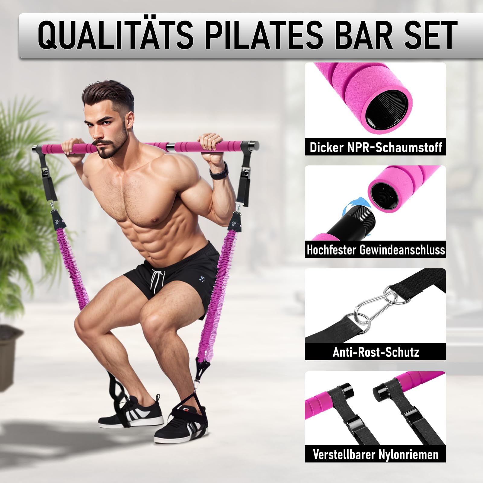 Pilates Bar Set mit 6 Widerstandsbänder, Fitnessbänder Pilates Stangen Set mit AB Rolle, 20/30/40lbs Resistance Bands, Griffe, Türanker für Krafttraining und Körperstraffung (Rosa)