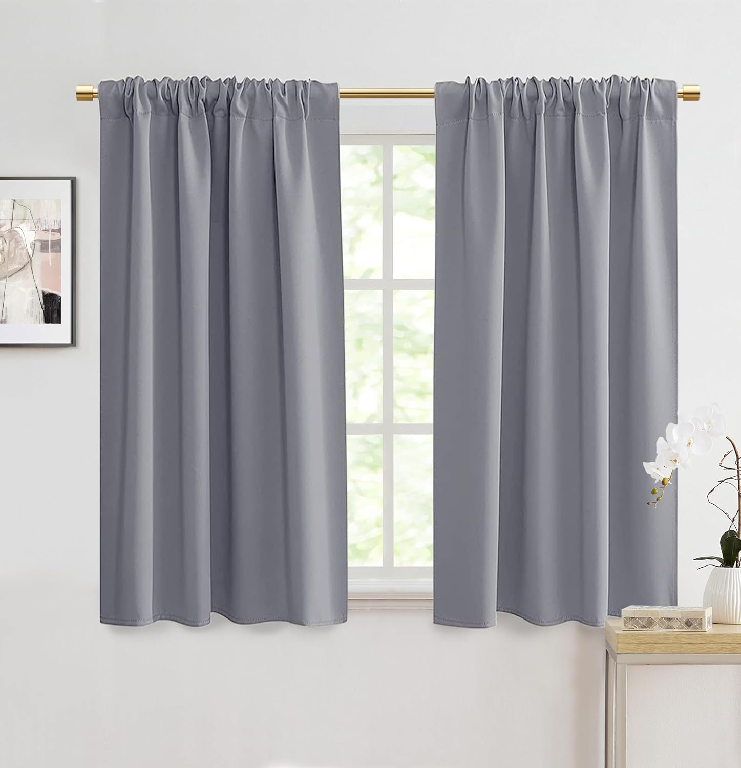Light Grey Curtains 48 Inch Length for Kitchen/Bathroom Window 2 Panels Set Rod Pocket Room Darkening Blackout Curtains for Bedroom 34x48 Inches Long
