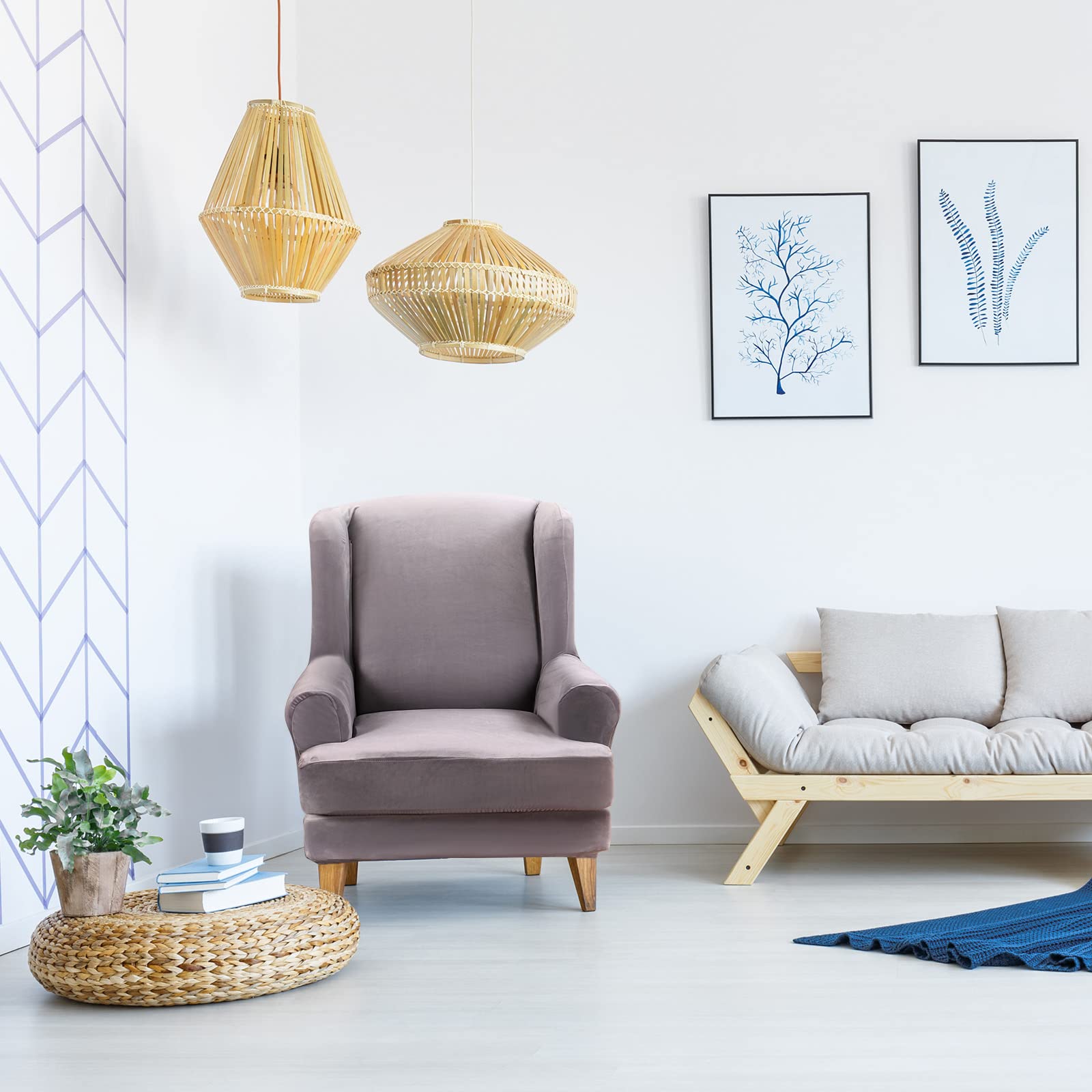 MIFXIN Wingback Chair Slipcovers 2-Piece Velvet Stretch Fabric Wing Chair Cover with Cushion Cover Armchair Sofa Furniture Protector with Elastic Bottom for Living Room Home Decor (Light Grey)