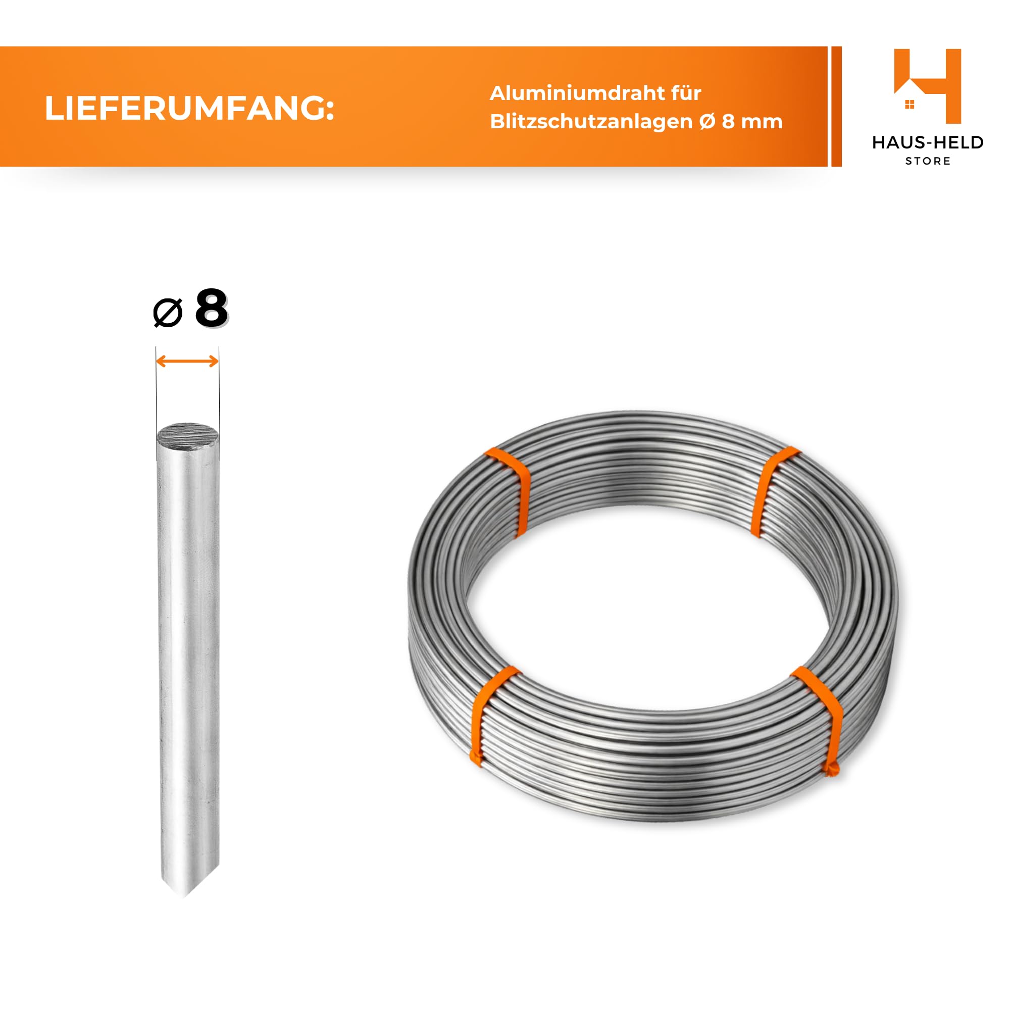 HausHeld® 100 metri di filo rotondo in alluminio fi 8 mm I filo di terra I protezione dai fulmini AlMgSi – al metro I leggero e flessibile