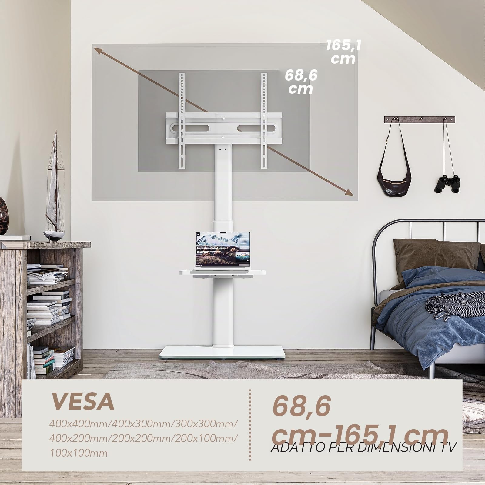 AX2006TW - Supporto universale per TV da pavimento con supporto girevole a 70 gradi, altezza regolabile a 9 livelli, design salvaspazio per la maggior parte dei televisori LCD, LED OLED da 27 a 65