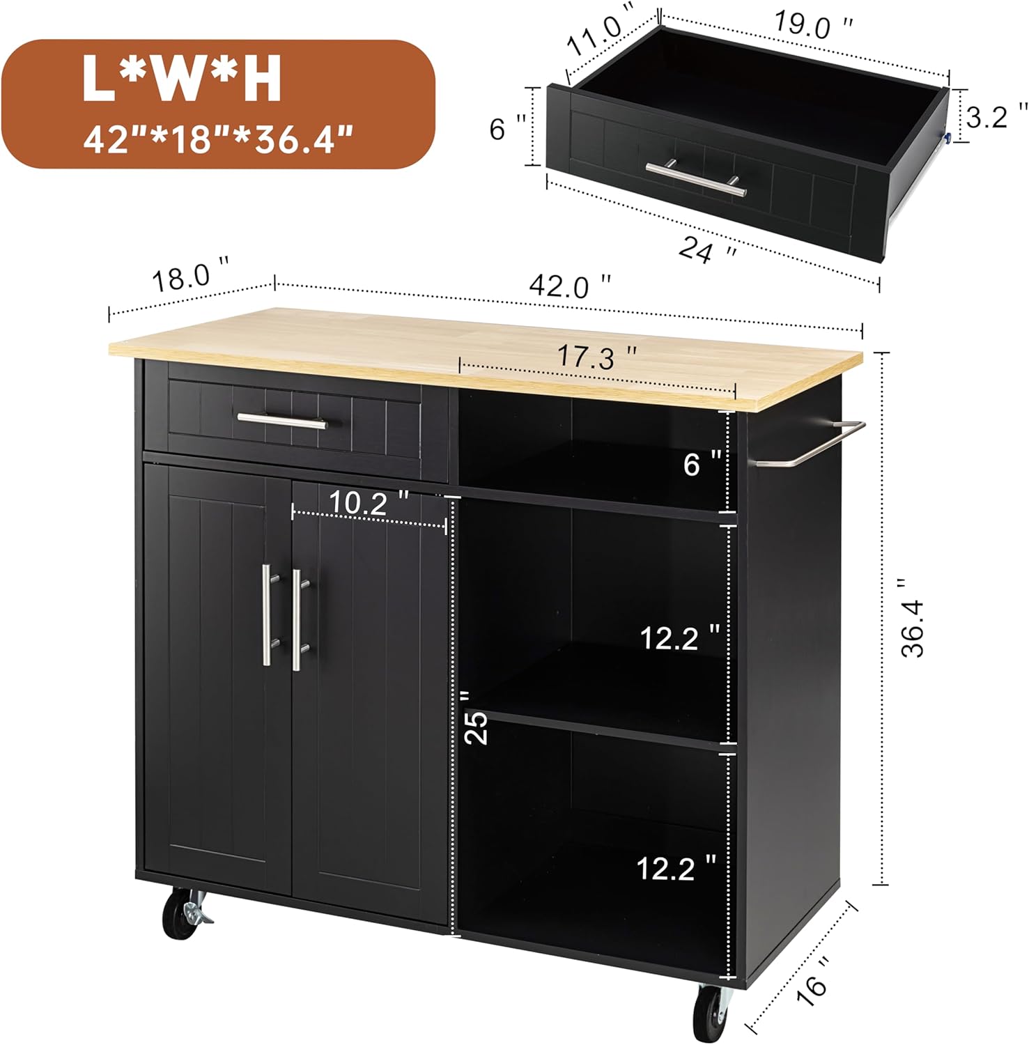 Detailed dimensions of the SUNLEI Kitchen Island Cart components