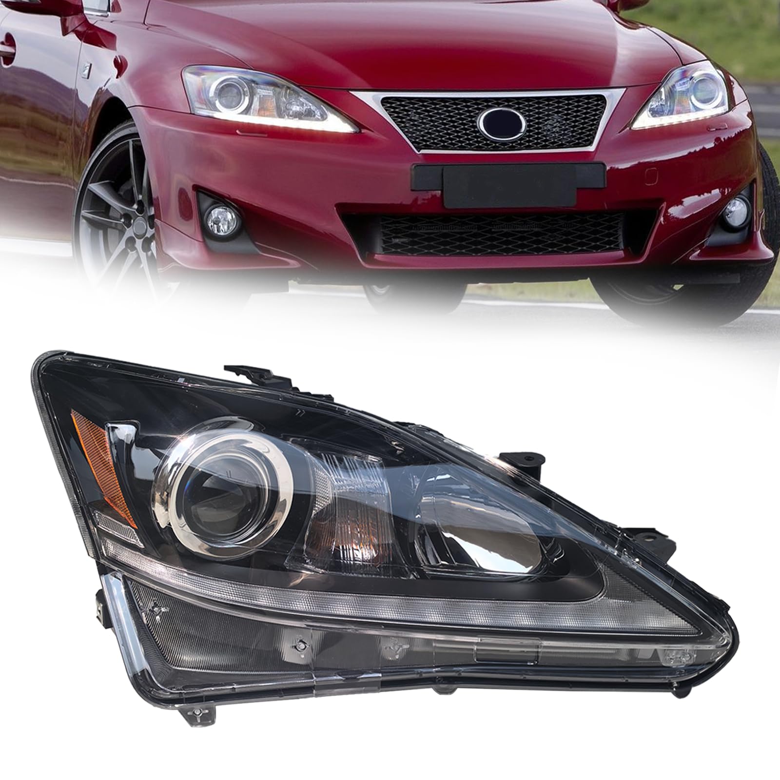 LED Headlight Assembly for 2006-2012 Lexus IS250 IS350 Passenger Side LED Headlamp with Clear Lens Direct Replacement Headlight (Right)