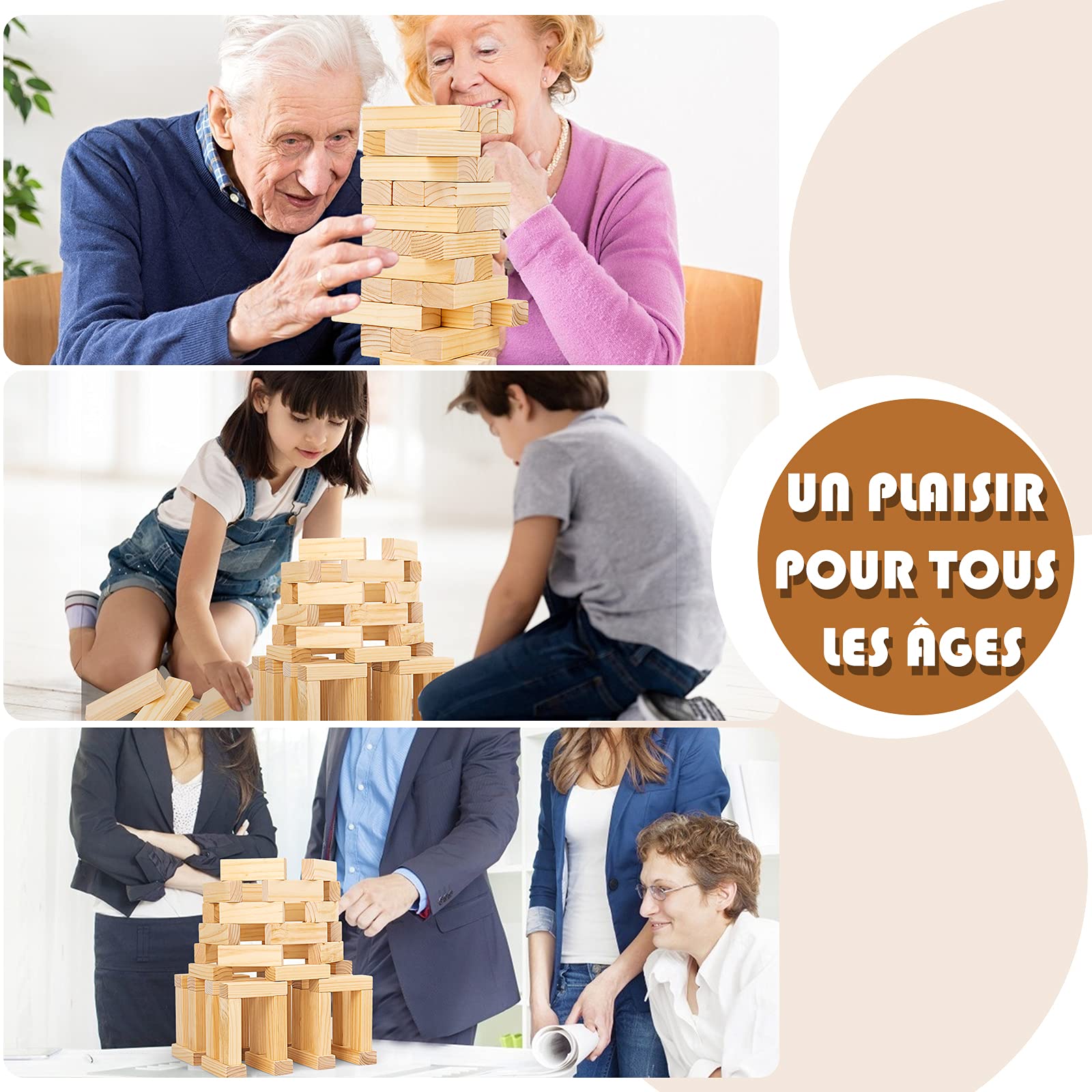 COSTWAY Tour Infernale Géante en Bois avec Divers Façons de Jouer, Jeu d’Adresse avec 54 Blocs à Empiler, Dé et Sac de Rangement, Convient à Partir de 3 Ans, pour Fêtes et Réunion de Famille
