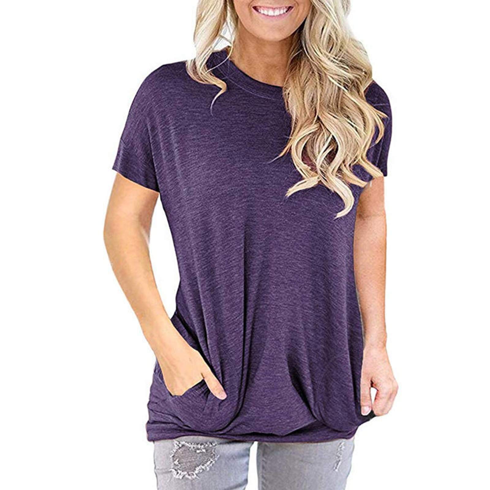 T-shirt de couleur unie violet pour femme avec coupe ample et fluide