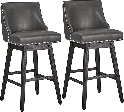 Miniatura 7 de CHITA Taburete de bar giratorio de altura de mostrador, certificado FSC de 26 pulgadas de alto, taburete de bar tapizado de piel sintética en gris