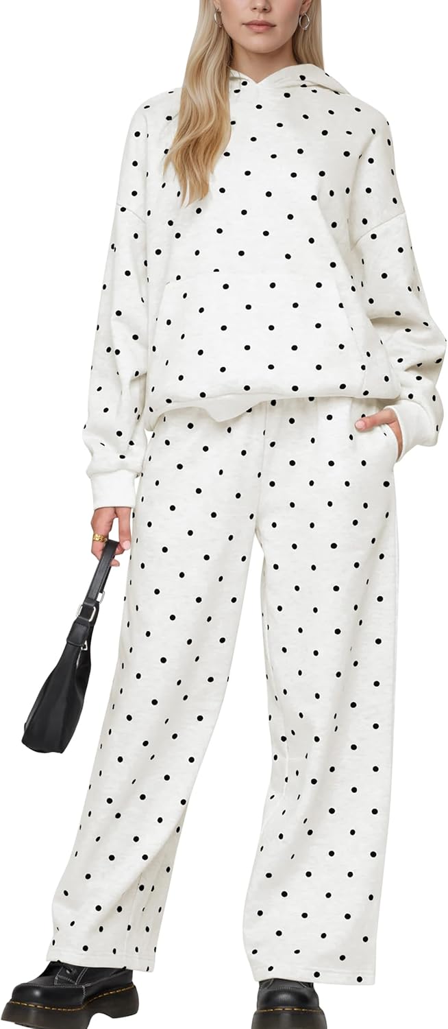 Lauweion Polka Dot Set-Womens Oversized Hoodie and Wide Leg Sweatpants