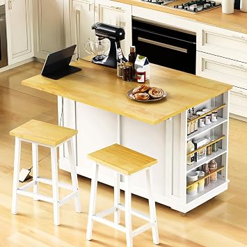 48inch Kitchen Island with Drop Leaf, Rolling Kitchen Cart on Wheels with 2 Storage Drawers & Inner Adjustable Shelves & 5 Open Side Racks for Dining Room/Living Room