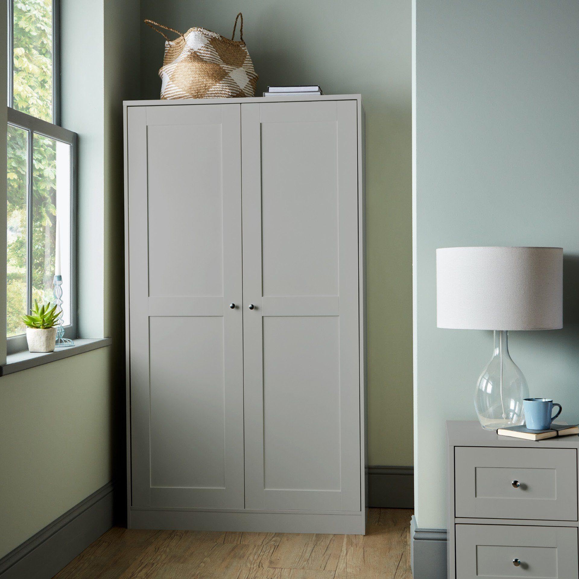 double door wardrobe, shaker style, light grey | 2 panel doors, chrome knob handles, bedroom storage, shaker design, full height cabinet