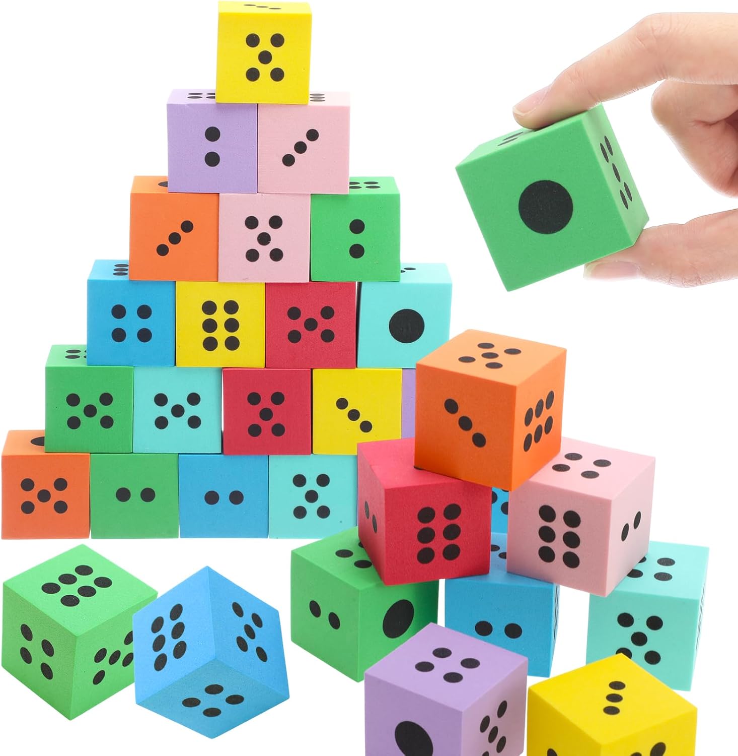 Halloscume 24 Pcs EVA Foam Dice 1.5 Inches Large Dice Educational Supply, Colorful Soft Dot Foam Yard Cubes for Building Party Fun(Square)