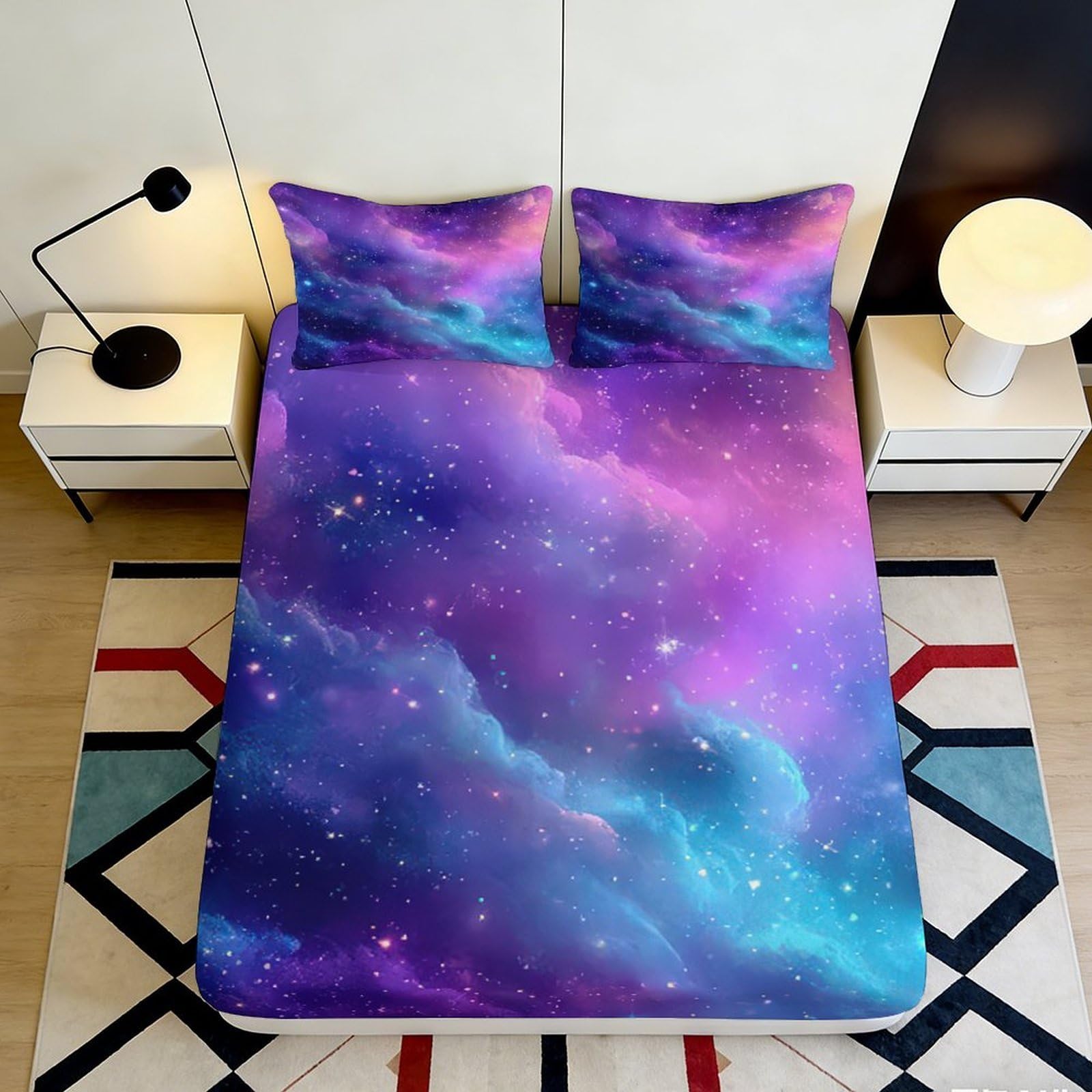 3D Printed Galaxy Starry Sky Fitted Sheet Microfiber Soft Breathable Cosmic Nebula Mattress Cover Bedroom Decor 200x200x25cm