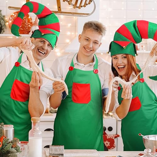 Miniatura 7 de Juego de 4 piezas de disfraz de elfo para mujer, accesorios de Navidad, incluye delantales de elfo, sombrero de fieltro extra largo con campana,