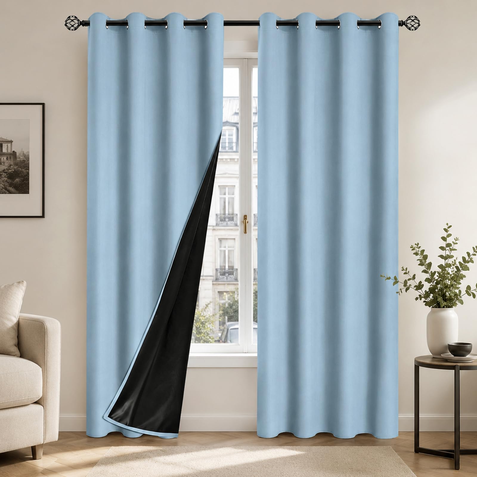 Blackout Curtains Thermal Insulated Eyelet Curtains with Black Liner, Full Light Blocking Room Darkening Window Drapes for Bedroom Living Room(Size:100x250cm/39"W x 98"L(2 Panels),Color:Sky Blue)