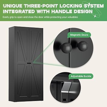 INTERGREAT Metal Storage Cabinet with Magnetic Doors, 63 H Traditional European Style Metal Cabinets with 2 Doors and 4 Adjustable Shelves for Home Office, Kitchen, Bathroom (Black)