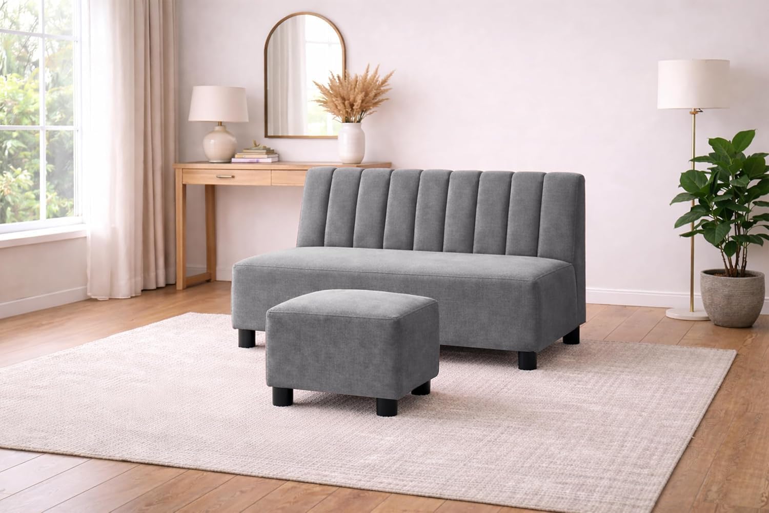 Rosebell Sofa with Ottoman Combo Two Seater Sofa Set & Matching Footstool for Living Room Office & Guest Room - Grey
