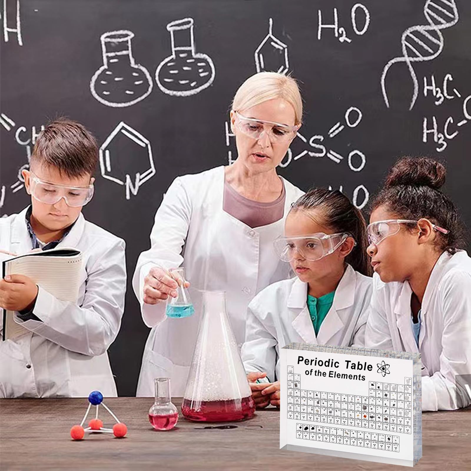 Periodensystem mit Echten Elementen im Inneren, Acryl Periodic Table of 83 Elementen, Proben Periodensystem Display Geschenk für Schüler Lehrer Kinder Studenten Handwerk (16x12x2.7cm Without Base)