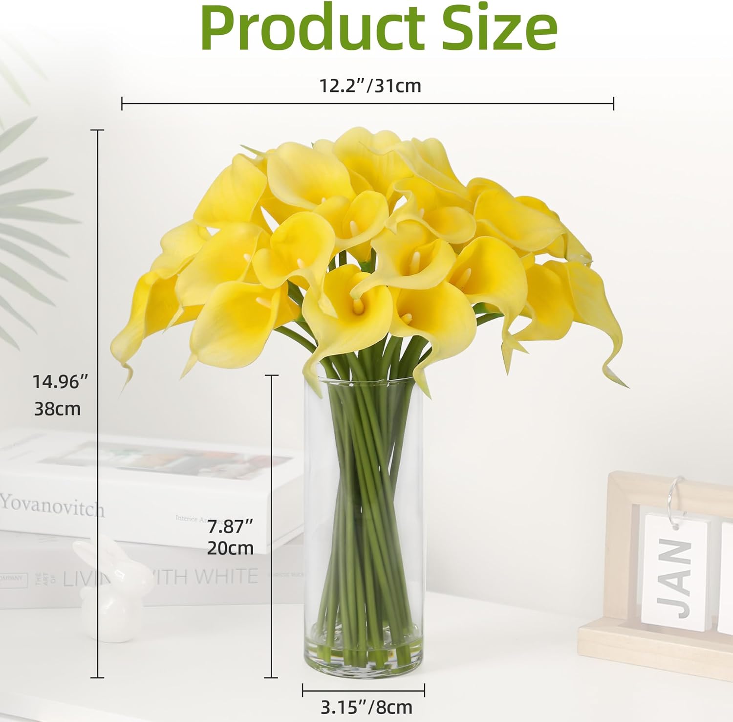 Real Touch Calla Lily Artificial Flowers, 24 Pcs with Glass Vase & Faux Water, 15" Long Stem for Wedding Centerpiece, Bridal Bouquet, Home and Party Decor (Yellow)
