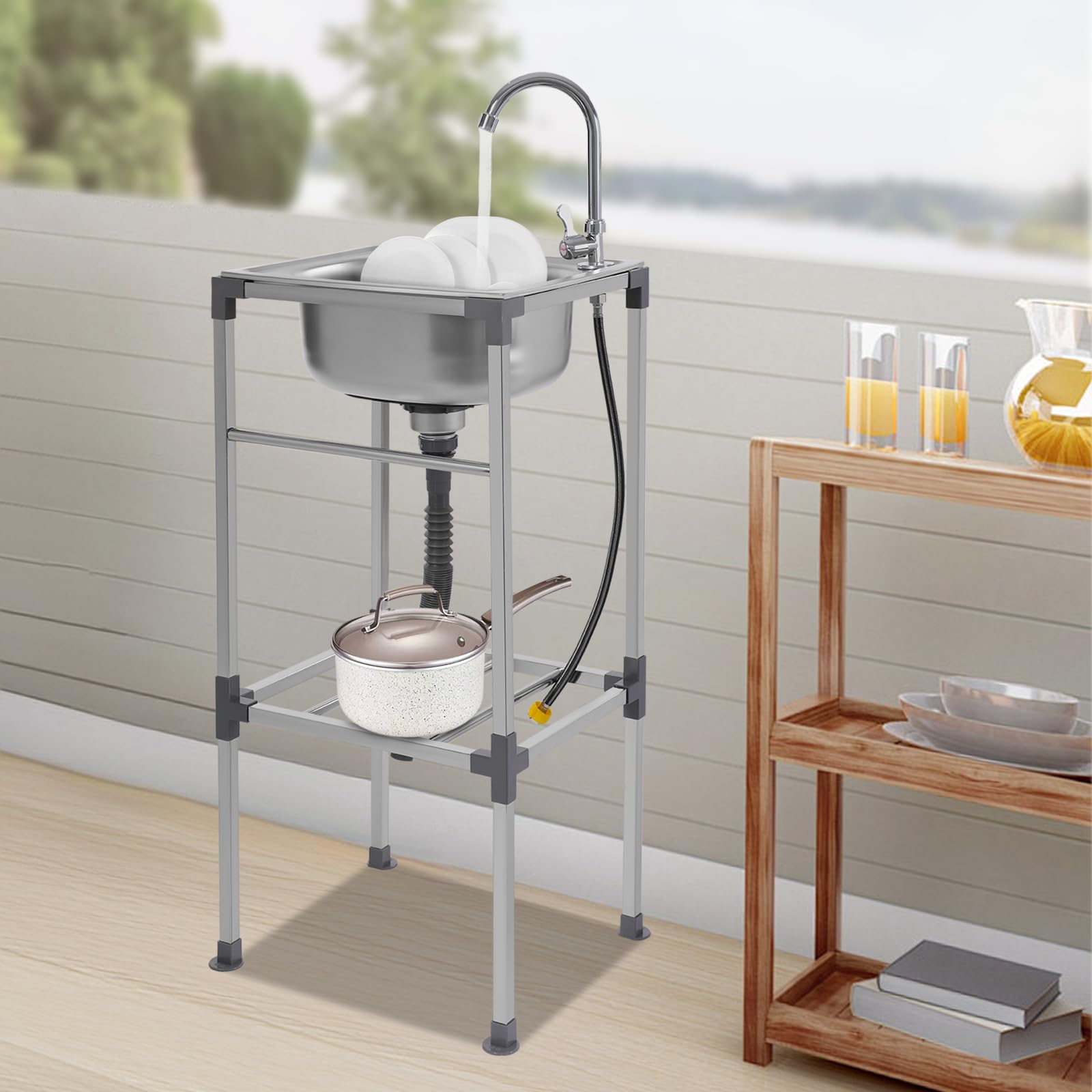 Évier Autonome Inox de Cuisine 1 Bac Évier Sur Pieds Acier Anti-Eclaboussures Lavabo Professionnel Faire la Plonge Restaurants Salle de Bain Garages Entrepôts 38 * 33 * 83cm