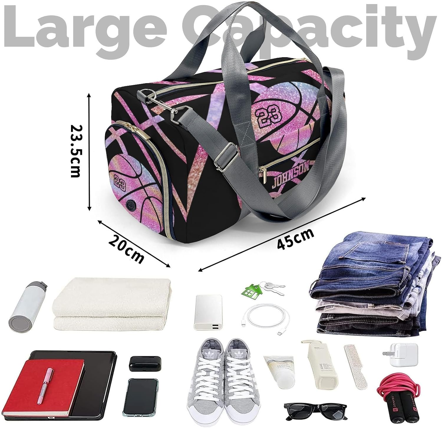 Custom Duffel Bag Sport Basketball Color Rainbow Sports Gym Bags Travel Weekender Overnight Bag for Girls Boys,Personalized Carry-on Bags Lightweight Work Out Bags