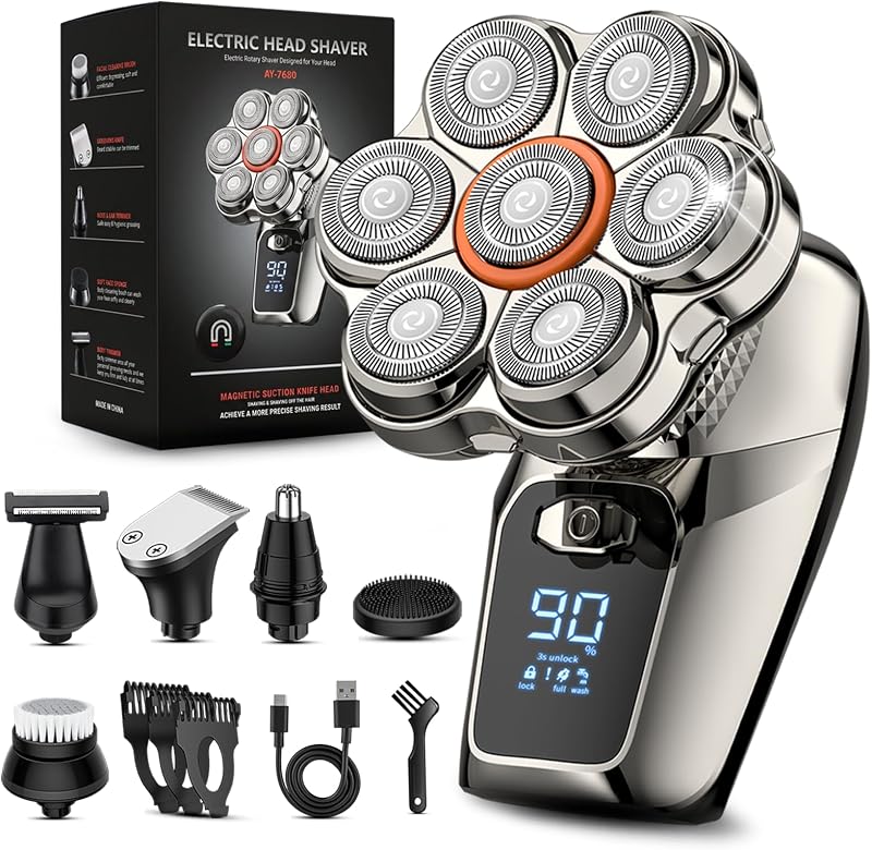 Barbeador elétrico rotativo nufcufy 6 em 1 com cabeça 7D e visor LED, modelo AY-7680
