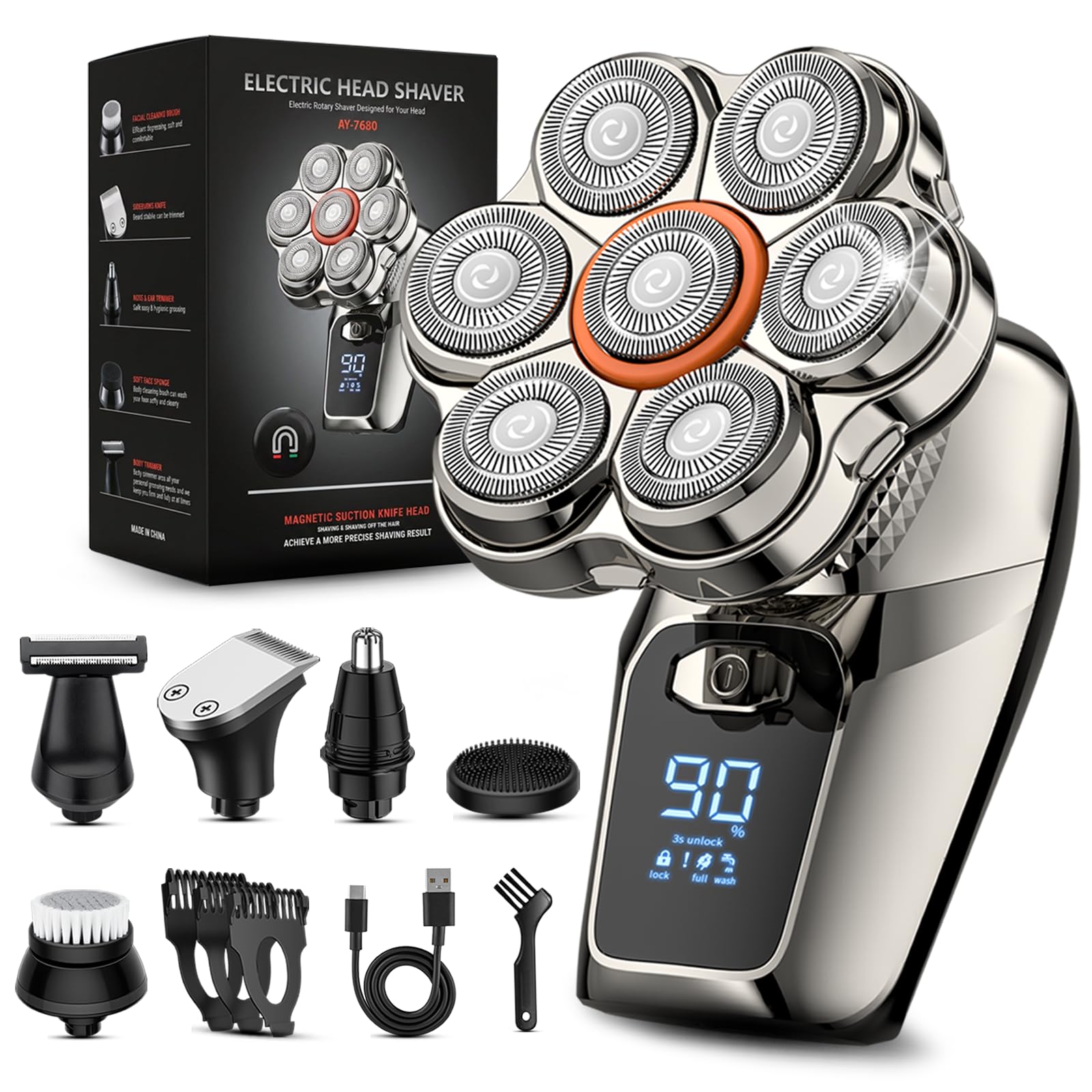 6-in-1 Head Shavers for Bald Men, 7D Rotary Electric Razor for Men Silver