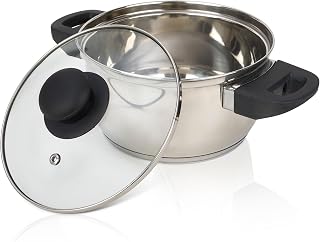 Bravich Stainless Steel Cooking Pot - 18cm. Large Non Stick Stock Pot with Lid & Handle. Casserole Pot with Glass Lid & Steam Vent for Frying, Steamer, Oven. Essential Cookware Pots for Kitchen Hob.