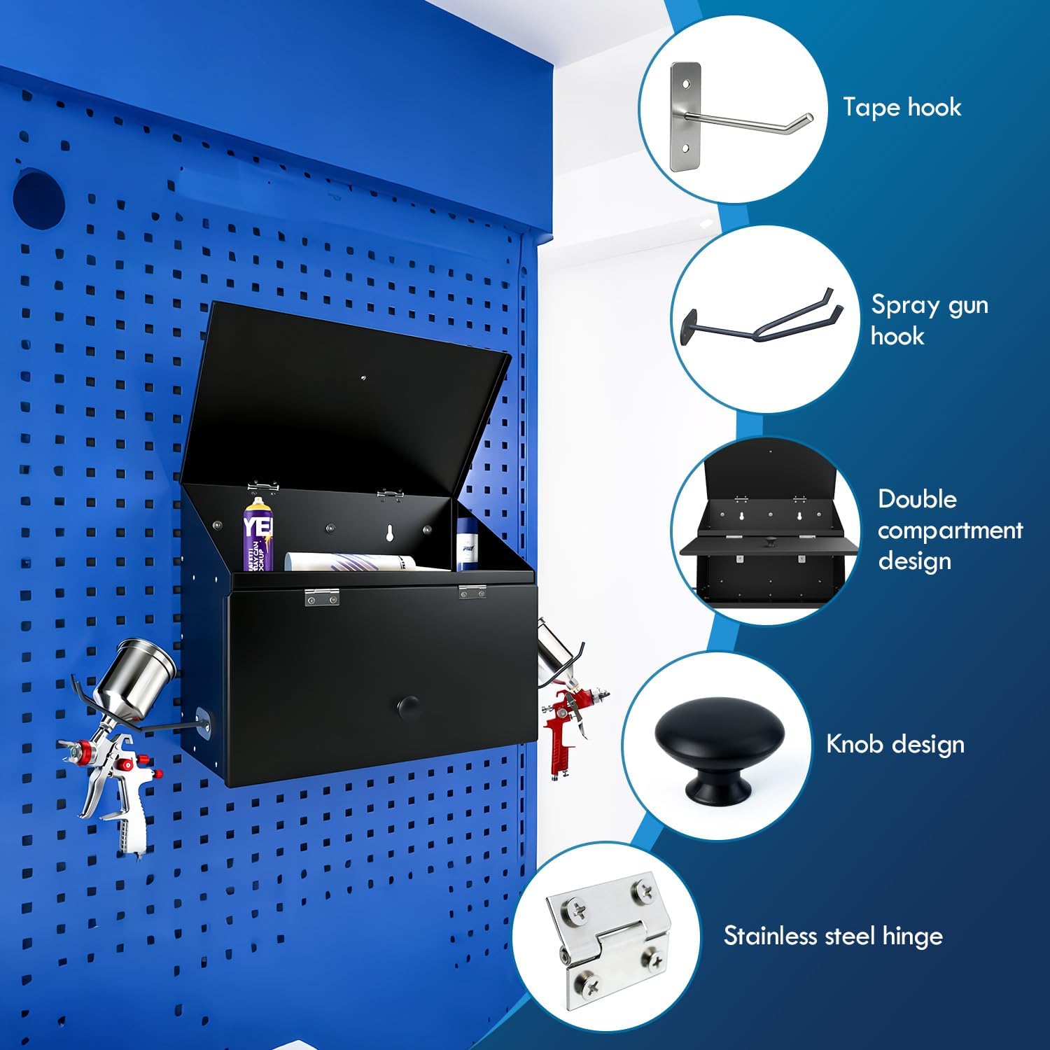 Magnetic Spray Booth Box, Wall-Mounted Spray Booth Storage, Double Compartment Cabinet with Two Spray Gun Hangers, Sturdy & Durable Alloy Steel Painted Storage Cabinet Designed (Black)