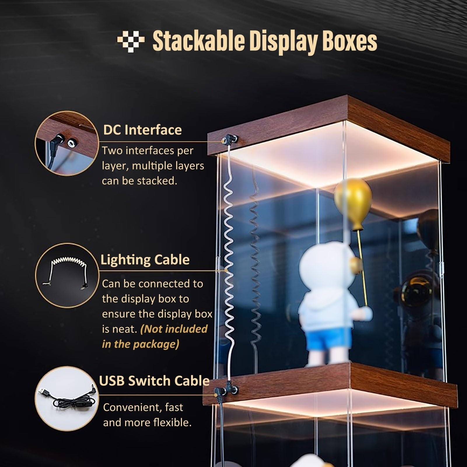 Teca Plexiglass Vetrina in Acrilico con Luci, Vetrina con Base Effetto Legno/Coperchio Rimovibile, Scatola Regalo in Acrilico Trasparente, Vetrina per Diorama(400x300x350mm/16x12x14in)