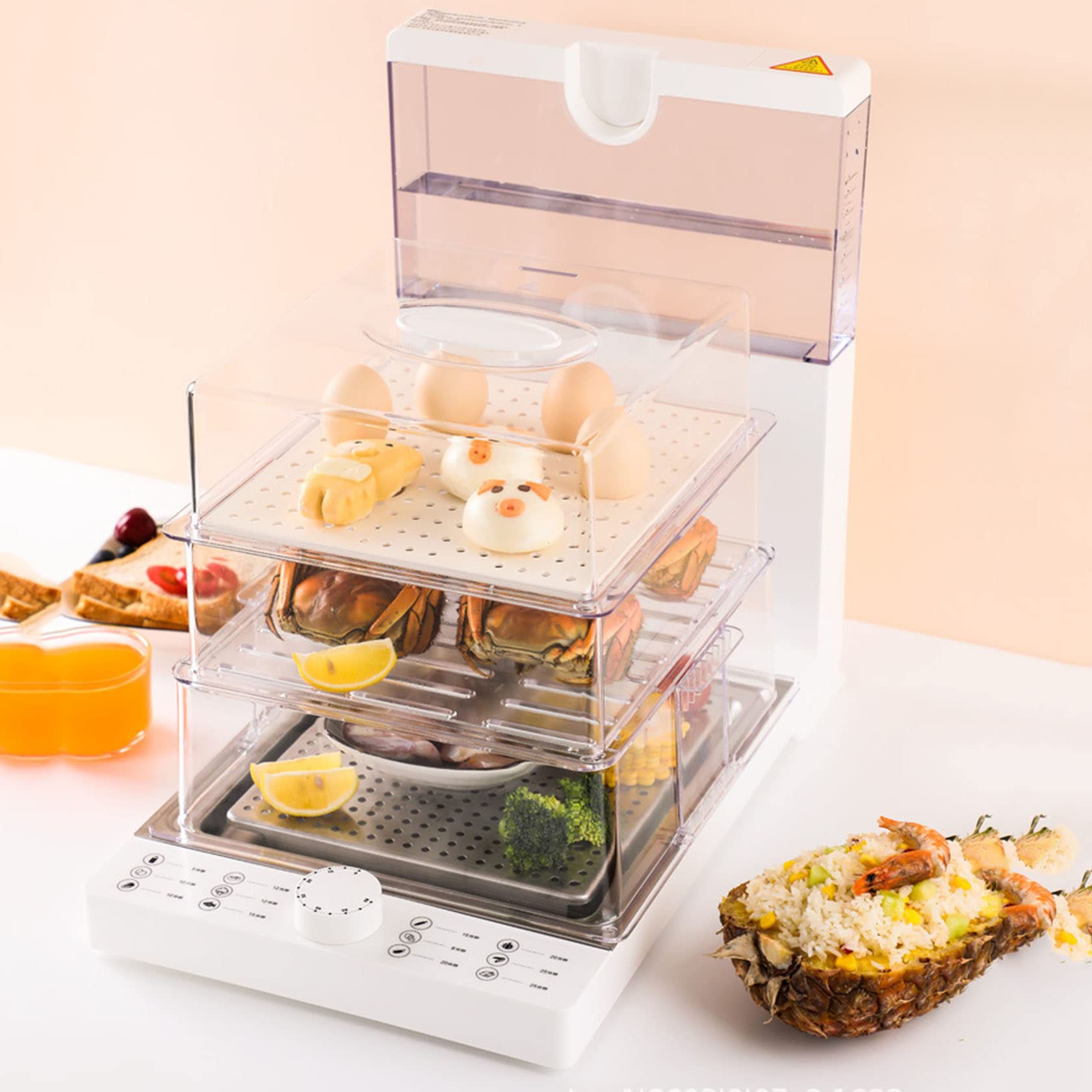 Vaporiera a 3 Livelli, Vaporiera Per Carne E Verdure, Timer Da 60 Minuti, Ciotole Rimovibili Per Una Cottura Salutare in Una Sola Pentola, Pentola a Vapore Da 1500 W Con Verdure, Carne E Cereali