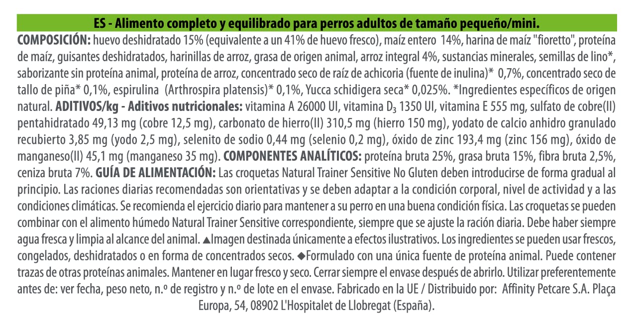 Natural Trainer Sensitive No Gluten - Alimento para Perros Adultos Small&Toy con Huevo y Cereales integrales, 2 kg