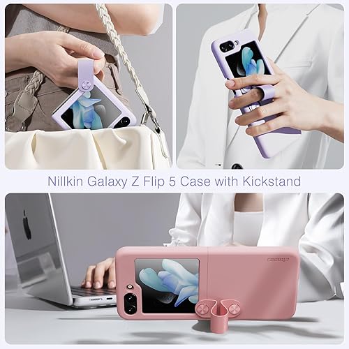 Miniatura 4 de Nillkin Funda para Galaxy Z Flip 5 con correa más ancha 2 en 1 y función atril de silicona a prueba de golpes, funda delgada de silicona para