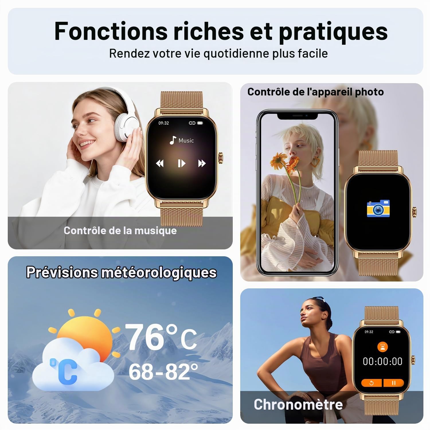 Montre Connectée Femme Homme Smartwatch: Etanche Fitness Smart Watch avec Appel Bluetooth Fréquence Cardiaque Spo2 Sommeil Moniteur 120+ Modes Sportifs Podomètre Montre Intelligente pour Android iOS