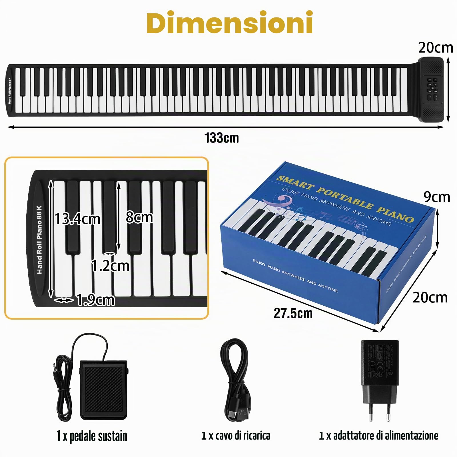 KOMFOTTEU Piano Digitale Avvolgibile da 88 Tasti, Piano Elettronico Pieghevole con 128 Ritmi e Suoni, 14 Dimostrazioni, Tastiera di Piano con Funzione MIDI