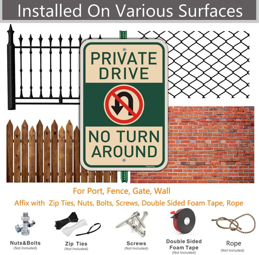 2 Pack Private Drive No Turn Around Sign with No U-Turn Symbol 18 x 12 Inches Metal Reflective Sturdy Rust Aluminum Waterproof Easy to Install