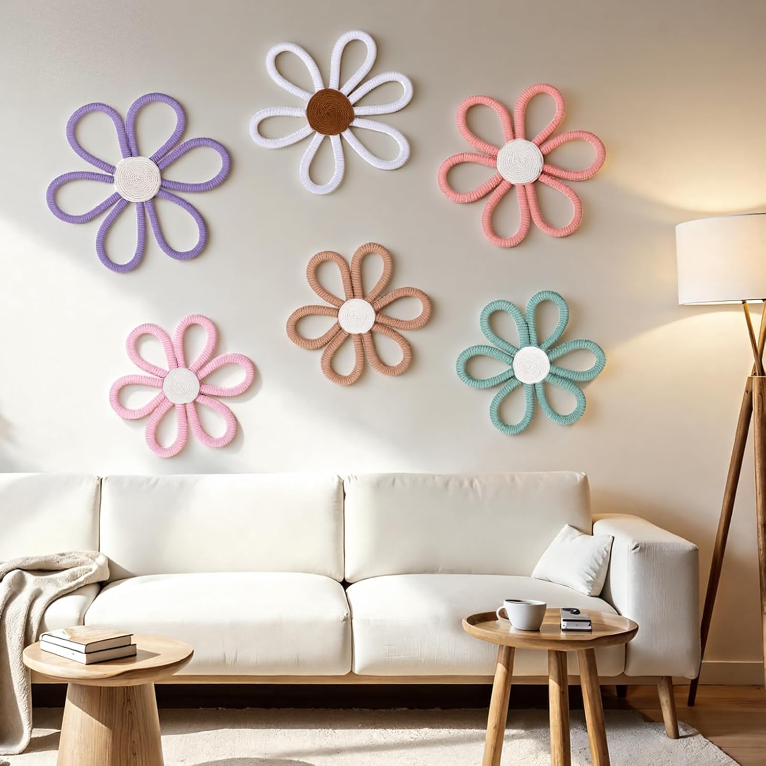 Oqqlin 6 Pcs Boho Nursery Decor, Colorful Woven Flowers Daisy Wall Art 3 Sizes Cotton Rope Macrame Floral Wall Hanging for Nursery, Bedroom, Bohemian Decorations (6 Colors)