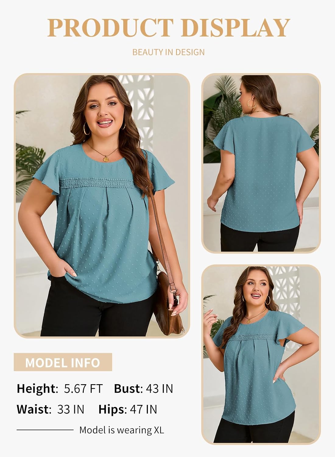 Eytino Plus Size Tops for Women Crewneck Lace Crochet Pom Pom Blouses Summer Short Sleeve Casual Business Shirts (1X-5X)