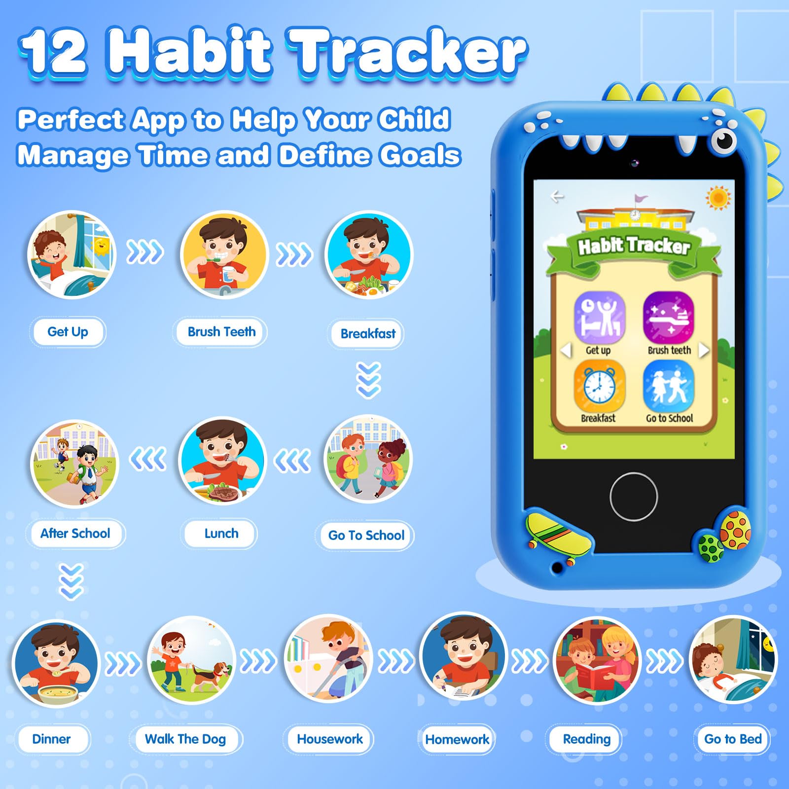 Regalos y juguetes para niños de 3 a 8 años de edad, teléfono de juguete con doble cámara, reproductor de música MP3, juegos, rastreador de hábitos, pantalla táctil, juguete de aprendizaje para niños 6