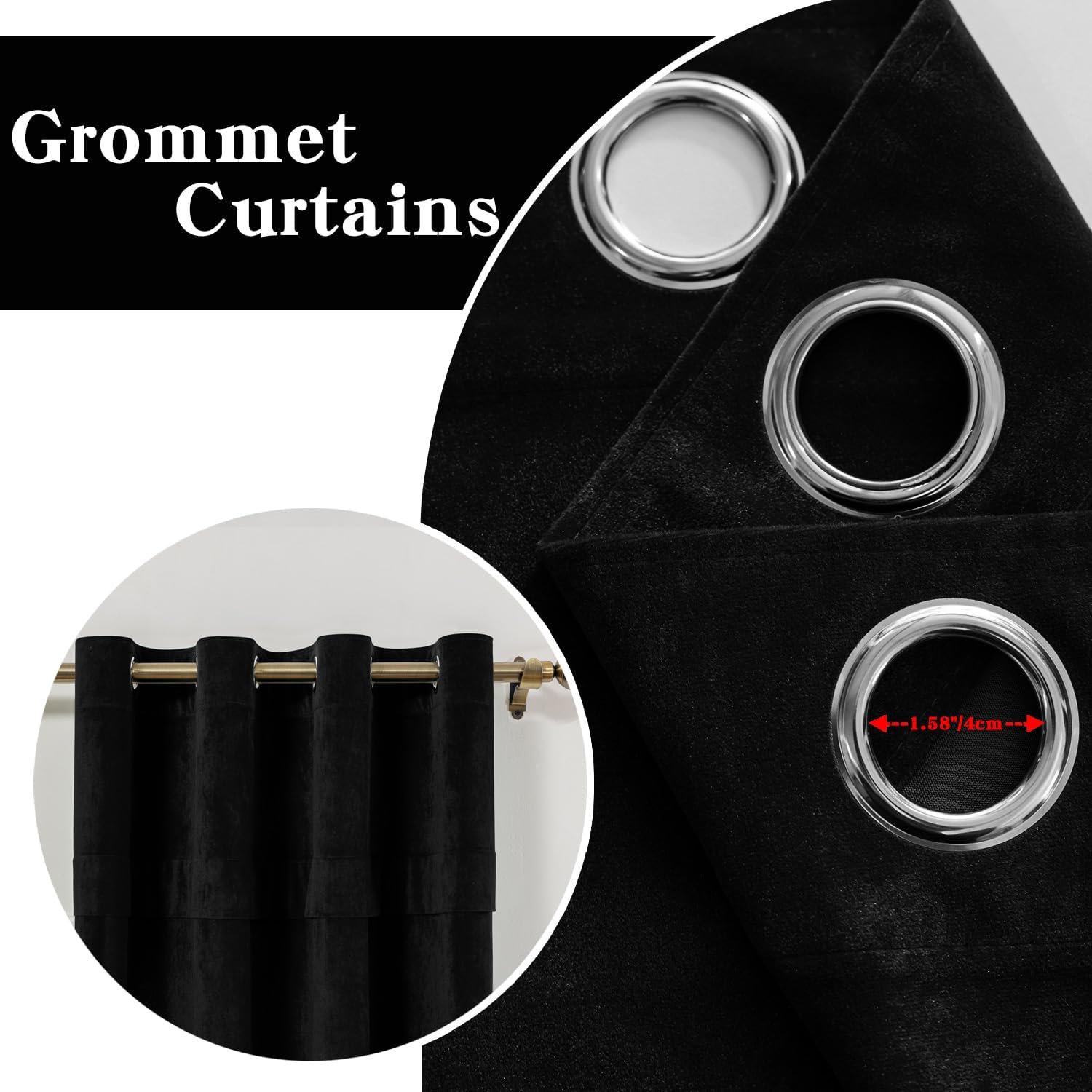 Black Velvet Window Curtains, Pleated Decor, Bedroom Blackout Insulation, French Farmhouse Rustic, Holiday Party Decor Stage Backdrop, 52"x107", Grommet, 2 Pack